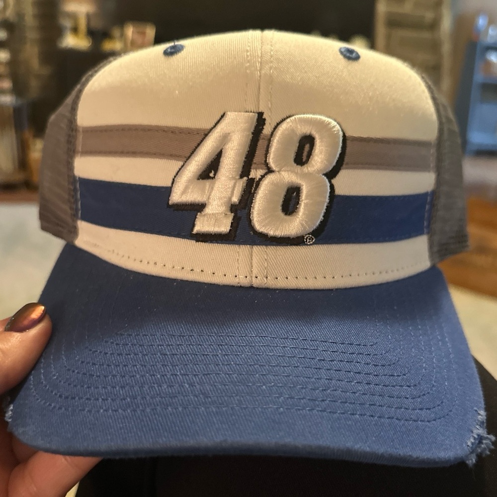 Nascar Mess Trucker Hat #48 Jimmie Johnson distressed striped Cap NEW Hendricks